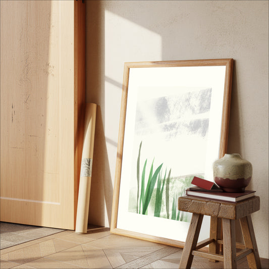 Held by the Field art print leaning in a warm wooden interior, OAM Studio minimalist wall art