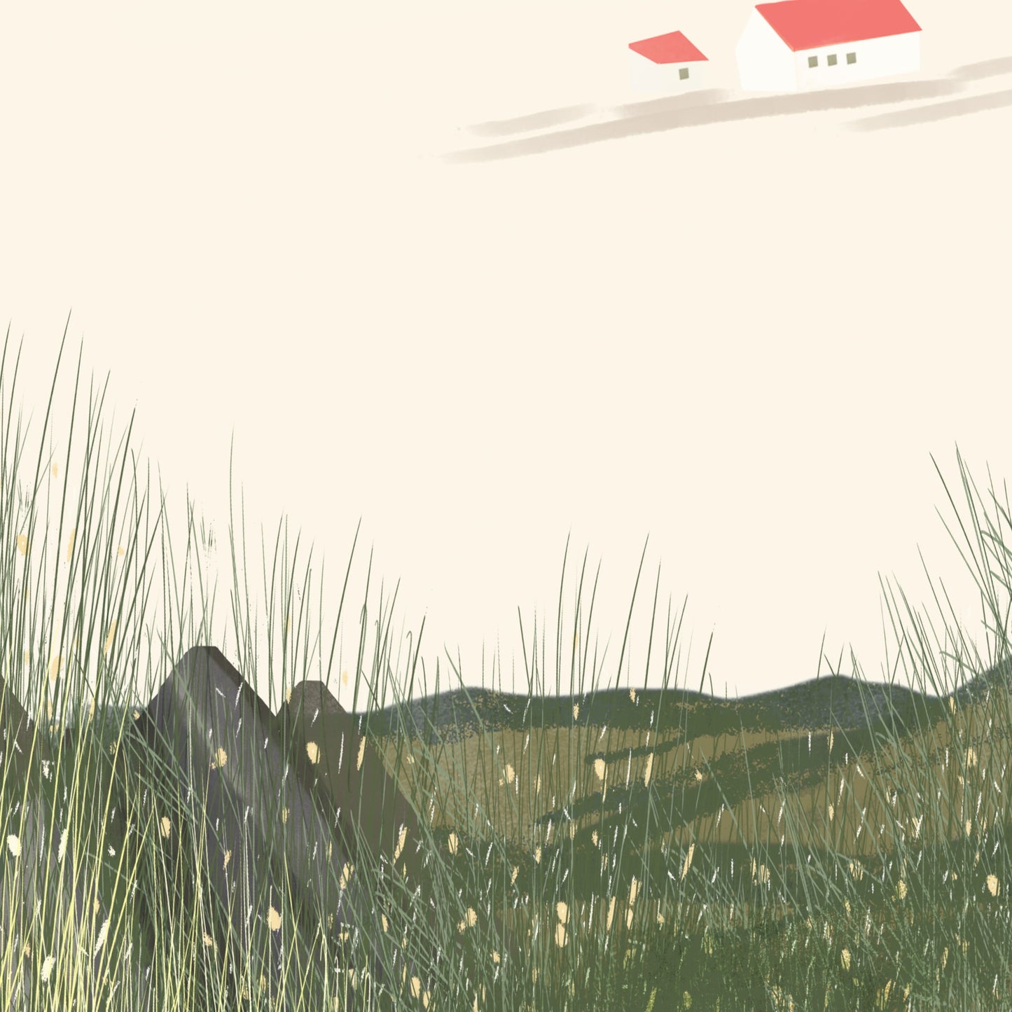 Close-up of Quiet Meadow art print showing red-roofed house in misty distance above wild grass, OAM Studio