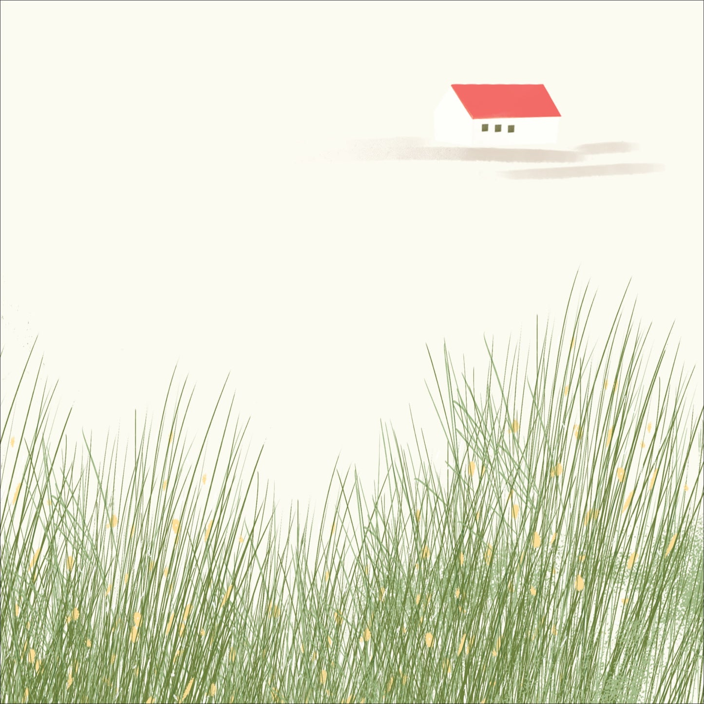 Square detail crop of Still Home art print showing red-roofed house and tall grass, OAM Studio