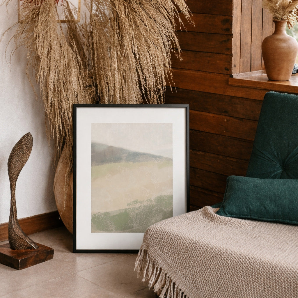 Soft Ground art print leaning in a rustic boho corner with dried pampas grass and wood sculpture, OAM Studio