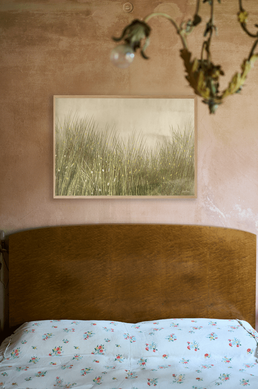 Rustic bedroom with a wooden headboard and floral bedspread.
Oam Studio art print of grasses on a textured wall, with a blurred vintage light fixture above.