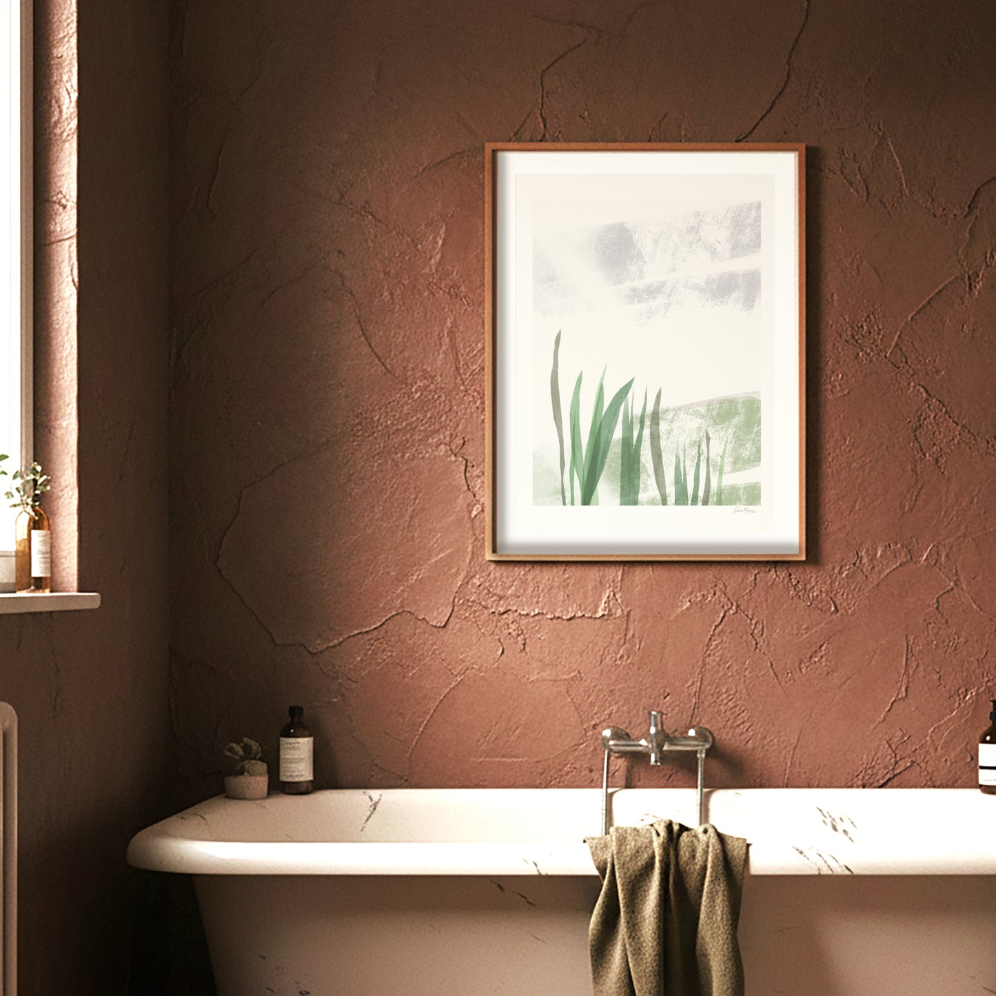 Held by the Field art print leaning in a warm wooden interior, OAM Studio minimalist wall art