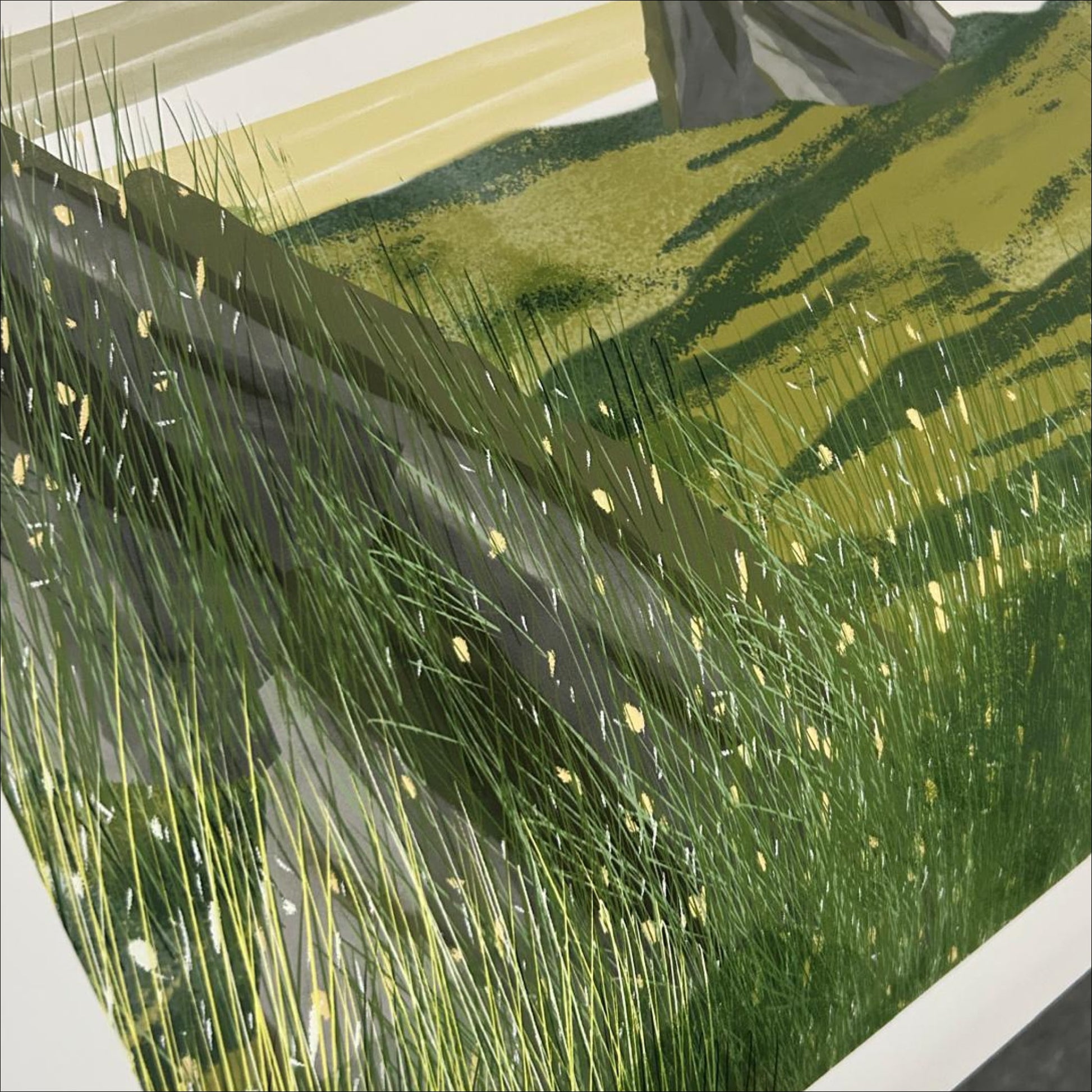 Close-up of Open Field art print showing detailed grass texture and rolling hills, OAM Studio