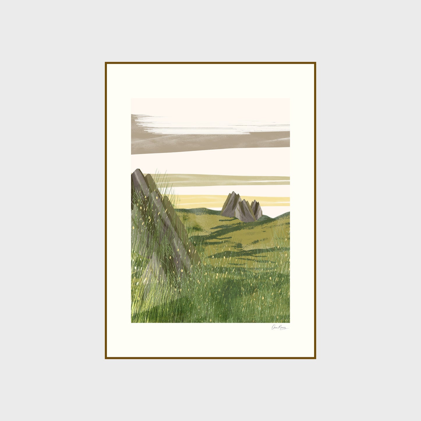 Open Field minimalist landscape art print, green hills with wildflowers and rock formation, OAM Studio