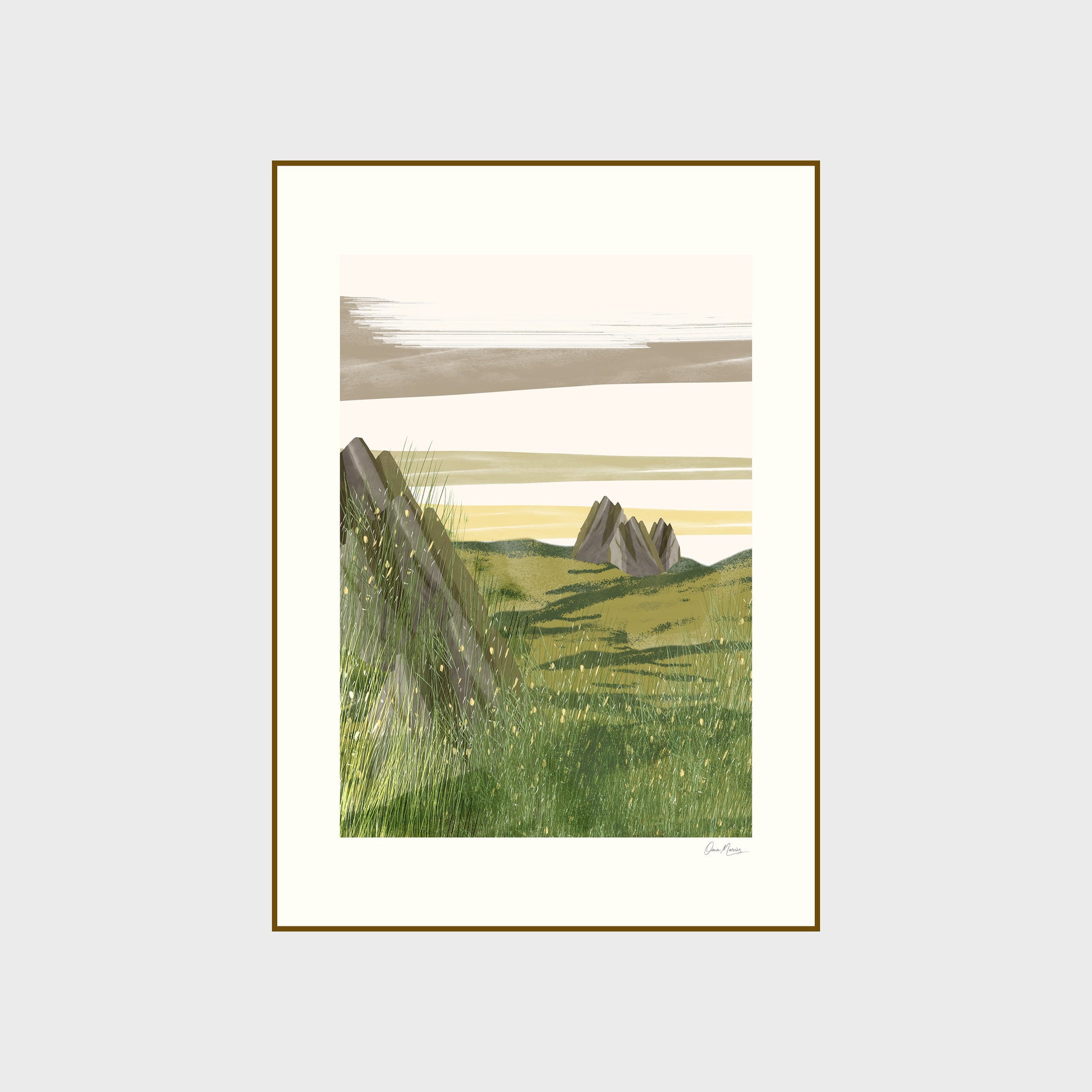 Open Field minimalist landscape art print, green hills with wildflowers and rock formation, OAM Studio