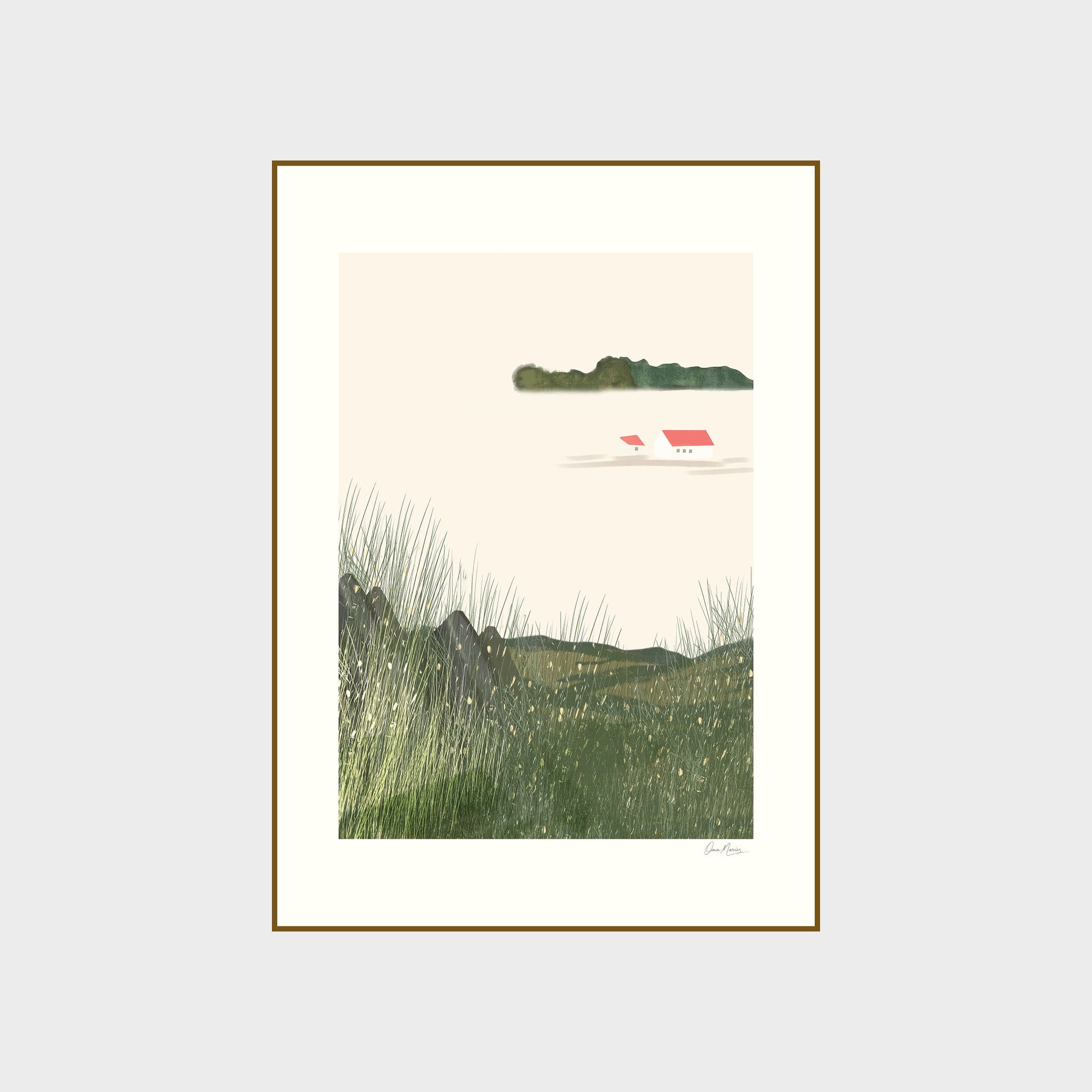 Quiet Meadow minimalist landscape art print, tall green grass with distant red-roofed house, OAM Studio. Framed artwork of a landscape with grass and a flag on a white background