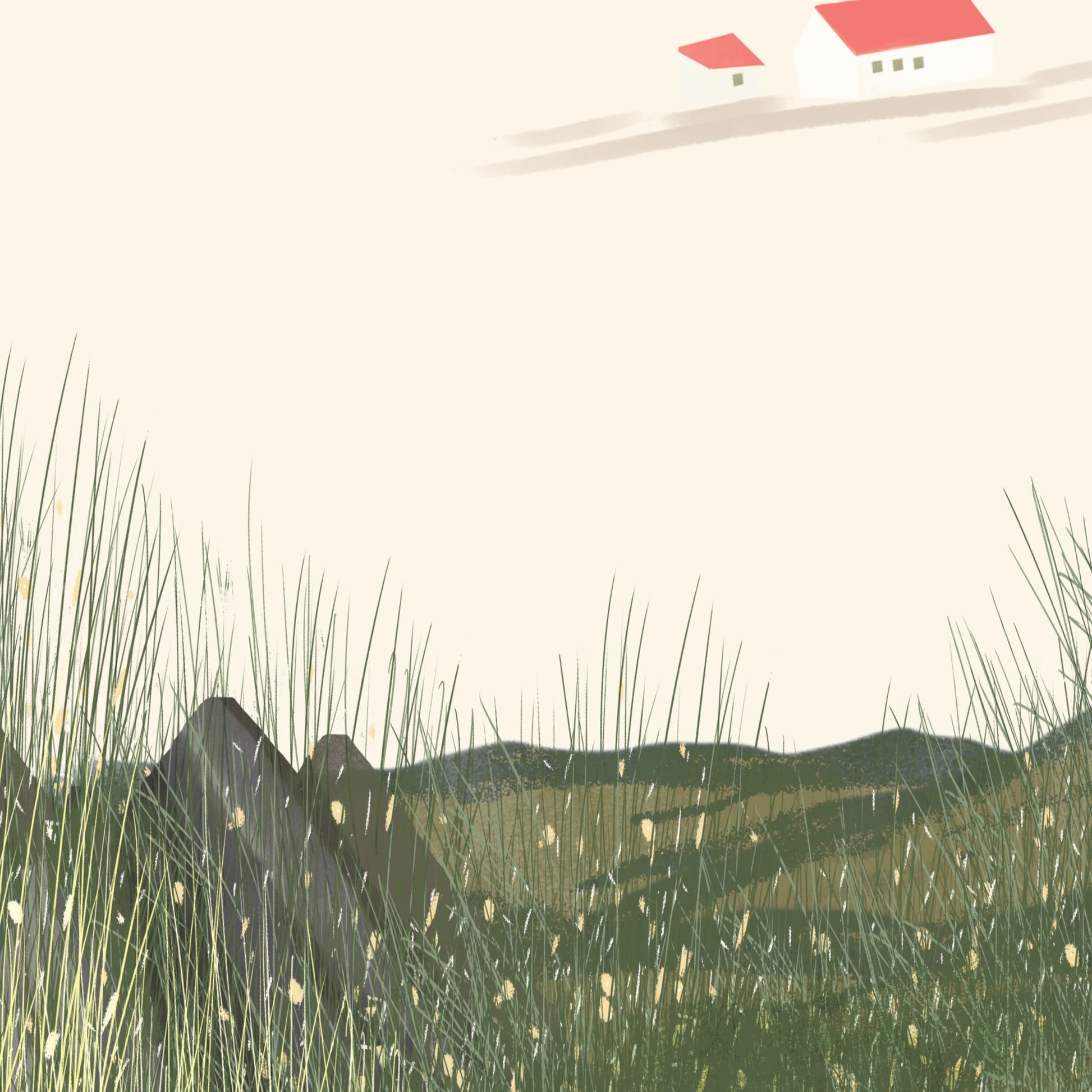 Close-up of Quiet Meadow art print showing red-roofed house in misty distance above wild grass, OAM Studio