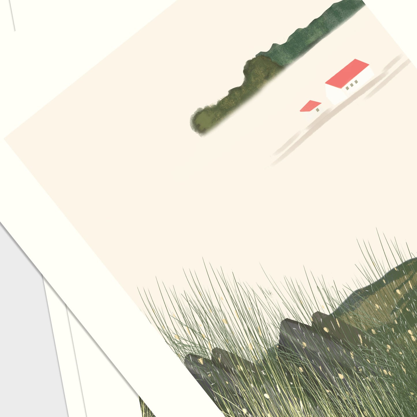 Close-up of Quiet Meadow art print showing red-roofed house in misty distance above wild grass, OAM Studio 