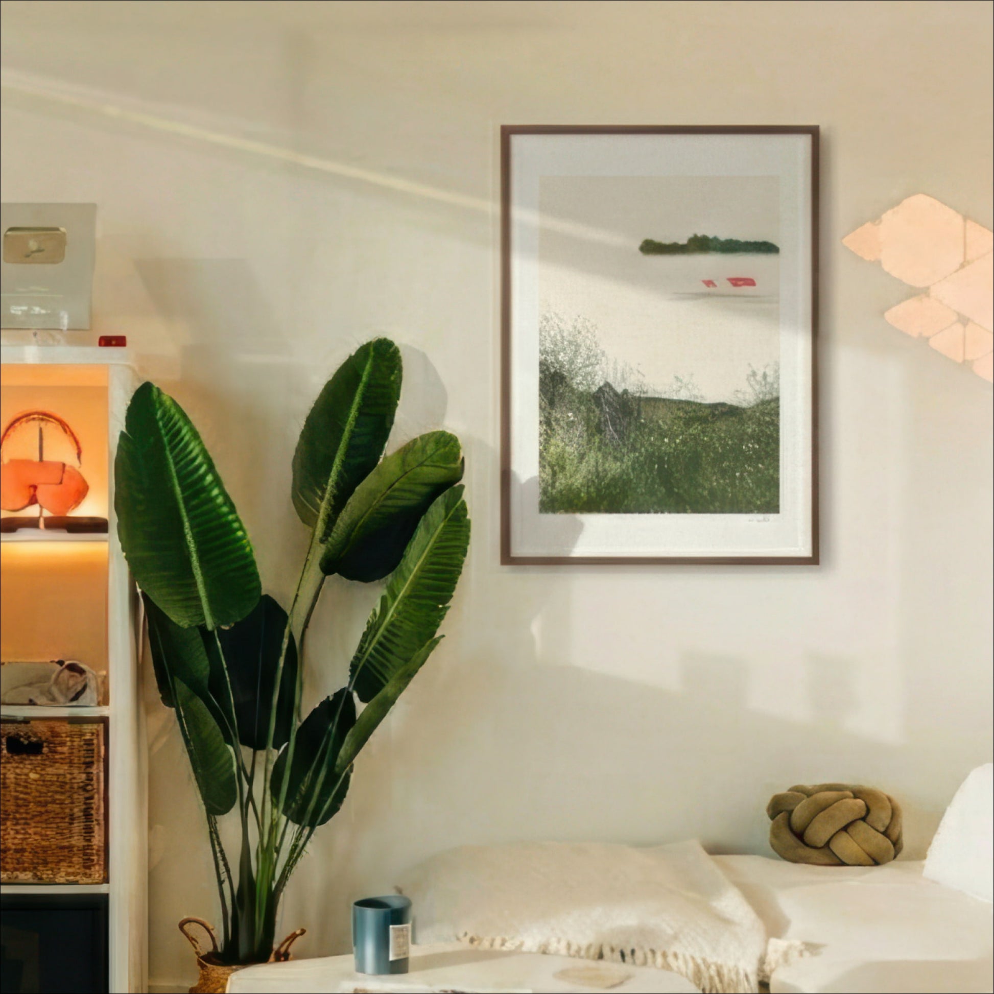 Quiet Meadow art print framed in a bright minimalist bedroom with plants and warm light, OAM Studio