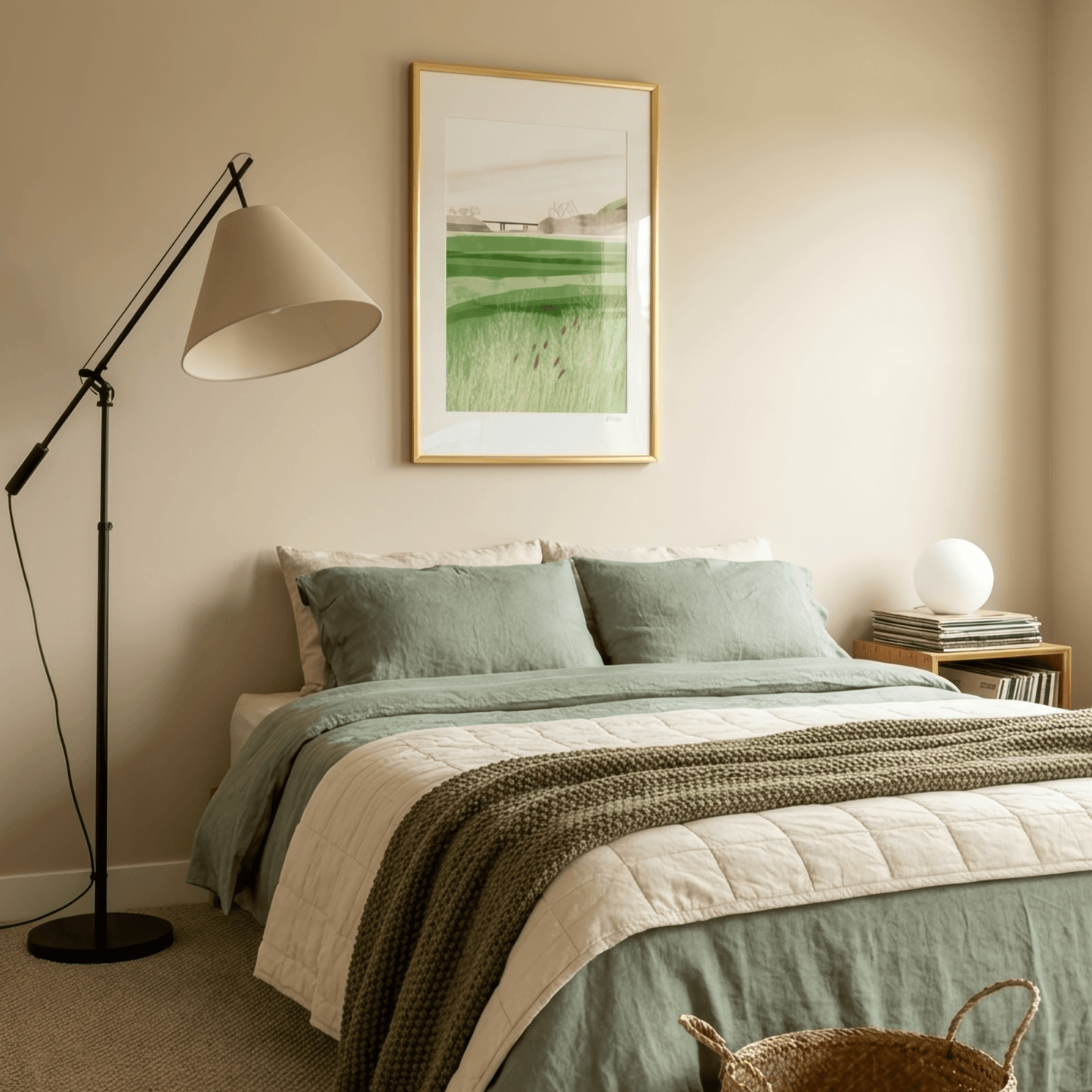 Bedroom with a bed, lamp, and framed picture on the wall.