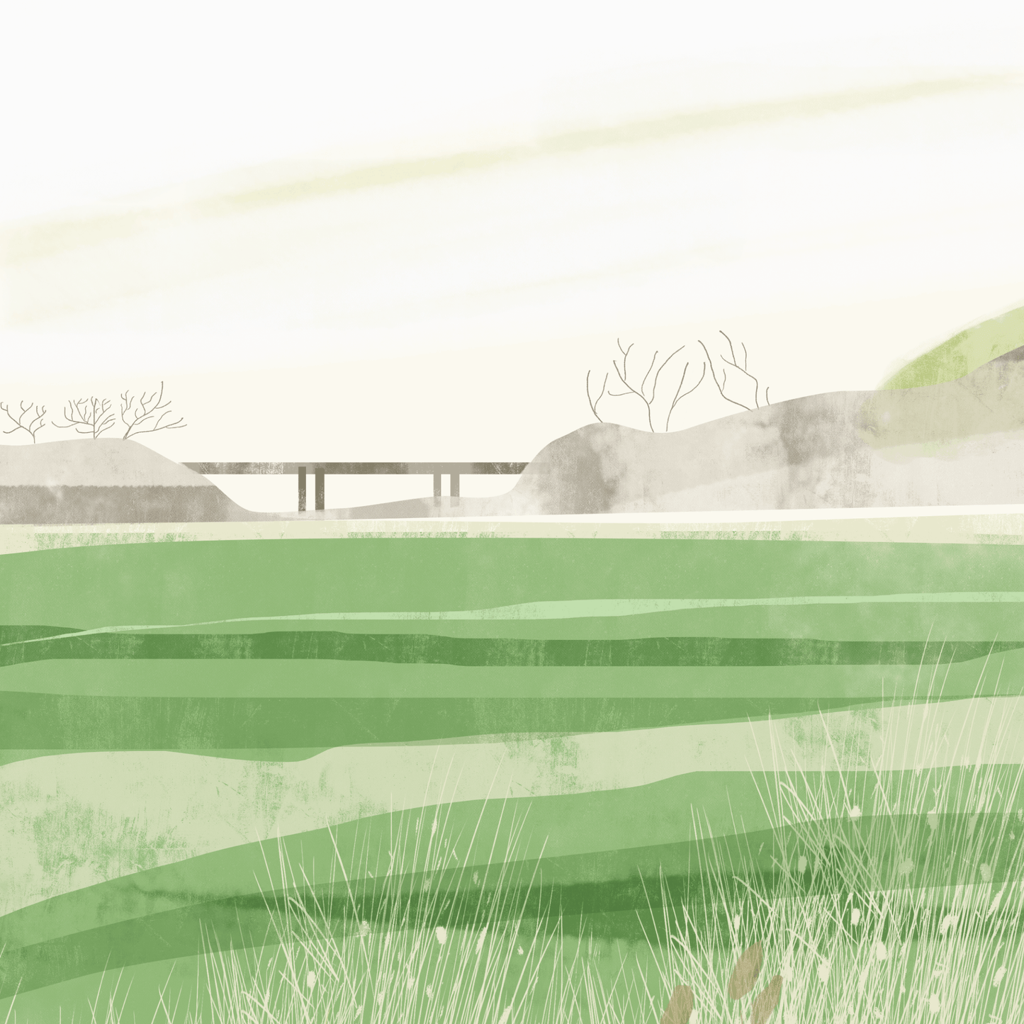 Abstract landscape with green fields, rocks, and trees on a light background