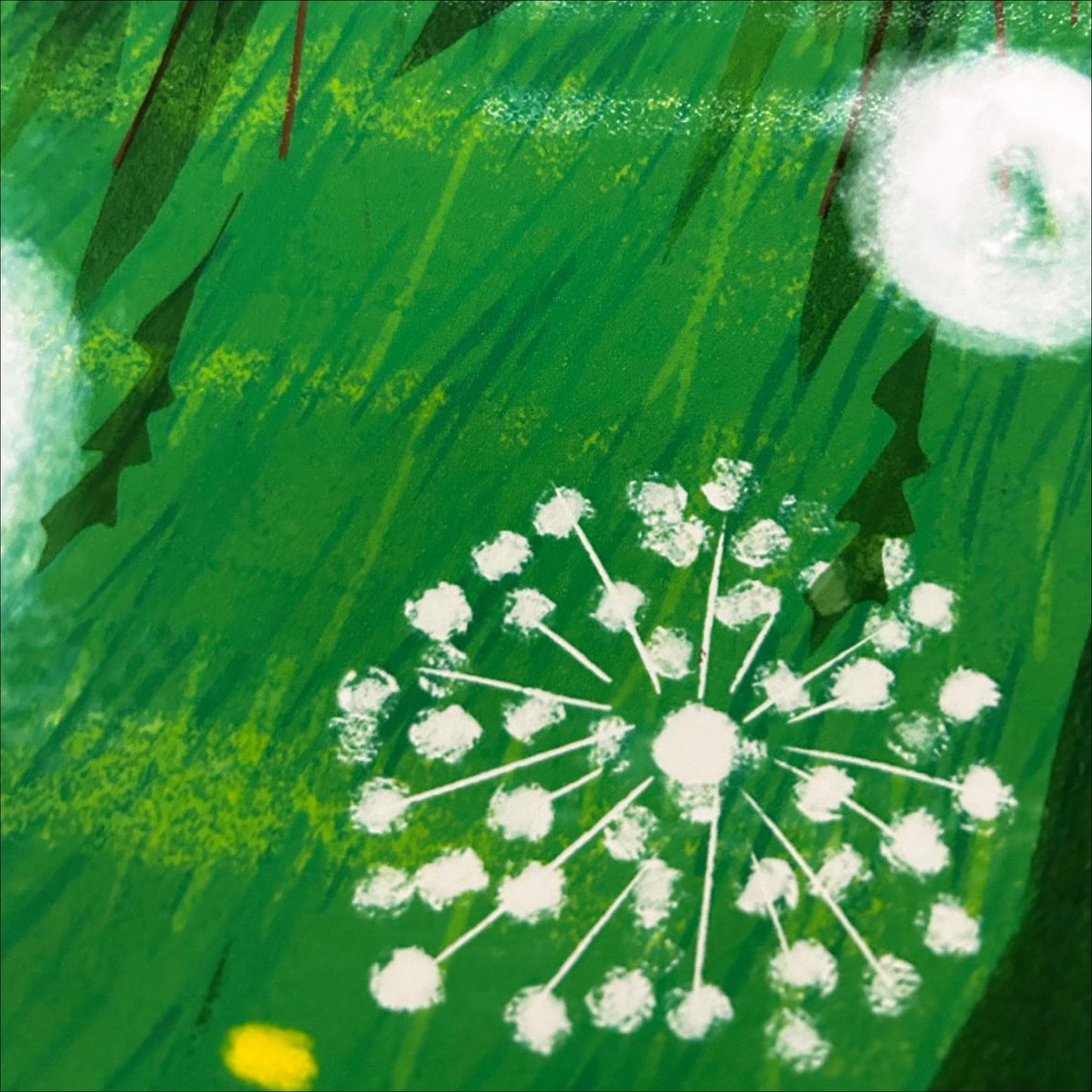 Close-up of Resting Field art print showing white dandelion puffball detail on vivid green, OAM Studio