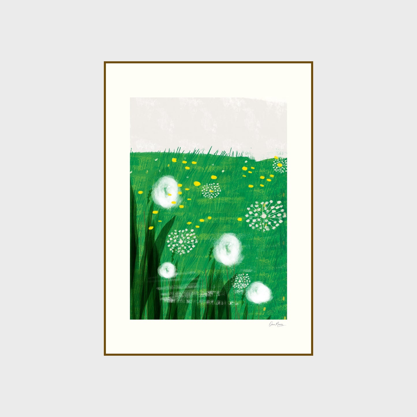 Resting Field art print with white dandelions and yellow wildflowers in vivid green, OAM Studio