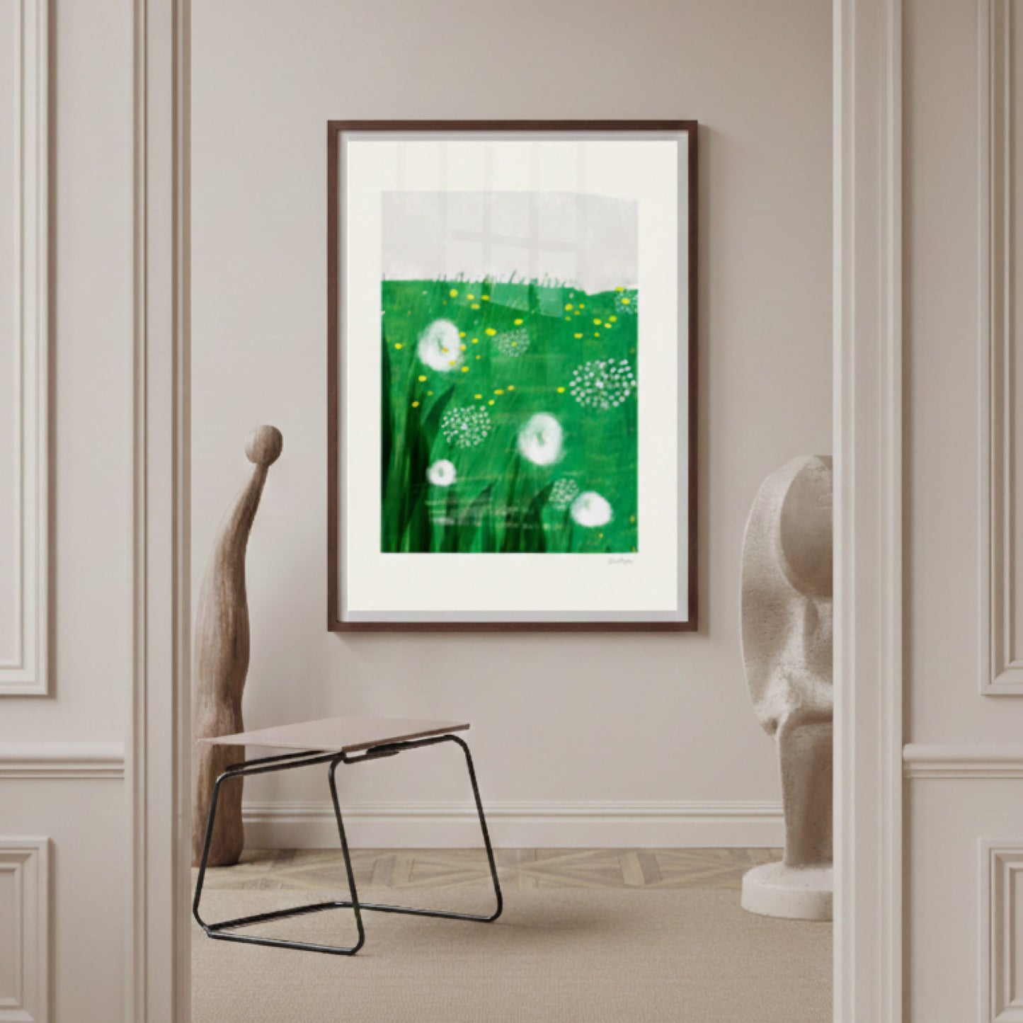 Resting Field art print in a dark wood frame on an elegant panelled wall in a gallery-style interior, OAM Studio