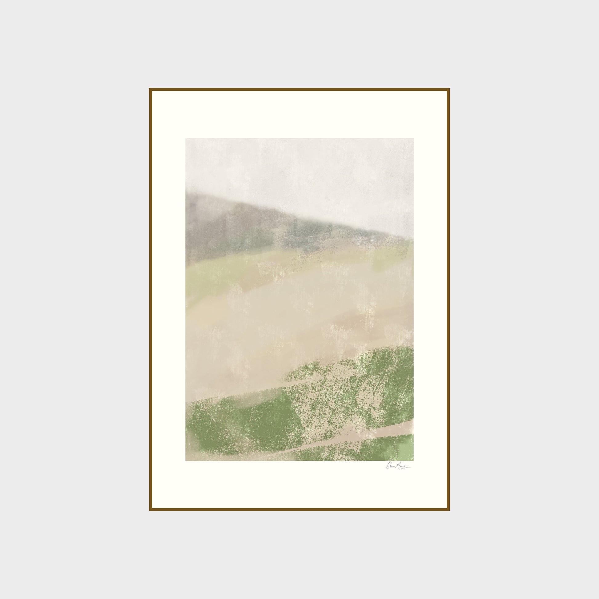 Soft Ground minimalist abstract landscape art print in muted earth greens and beige tones, OAM Studio
