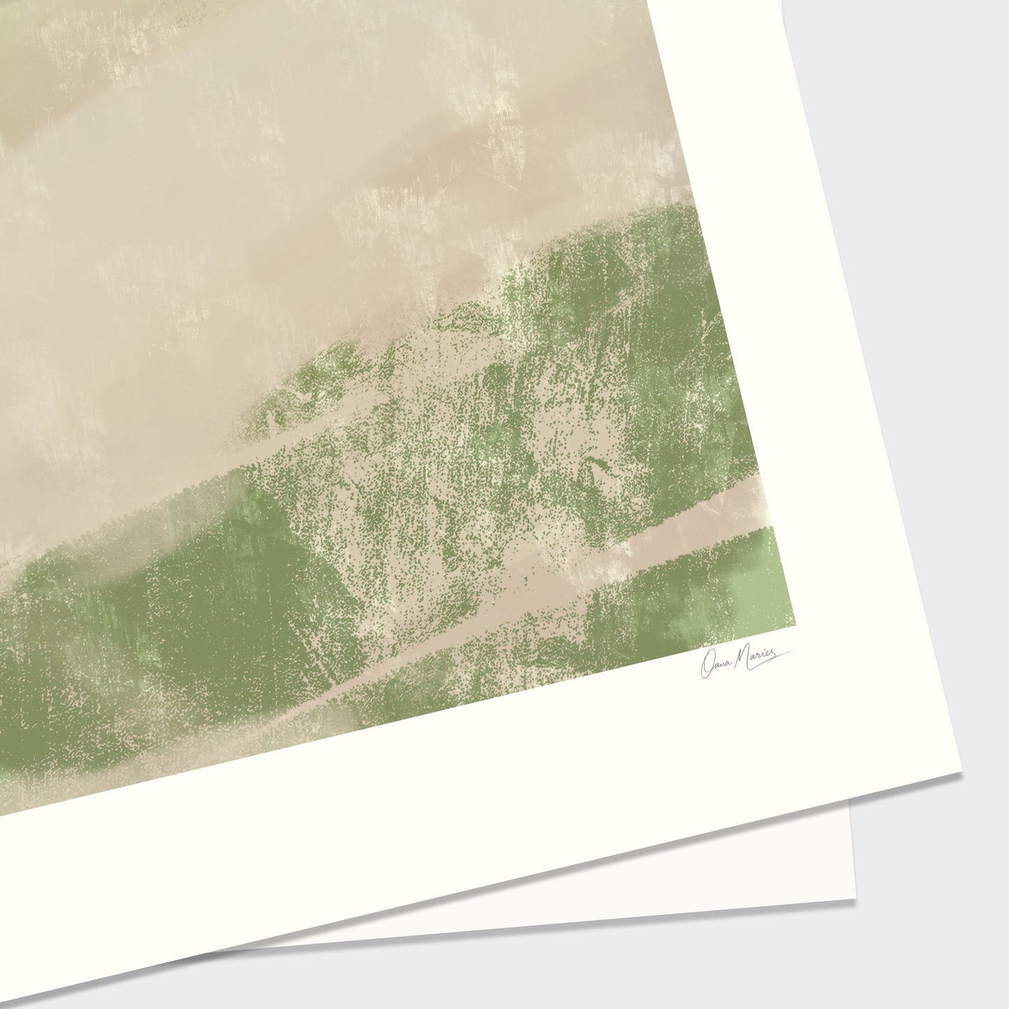 Close-up of Soft Ground art print showing layered green and beige brushstrokes on matte paper, OAM Studio