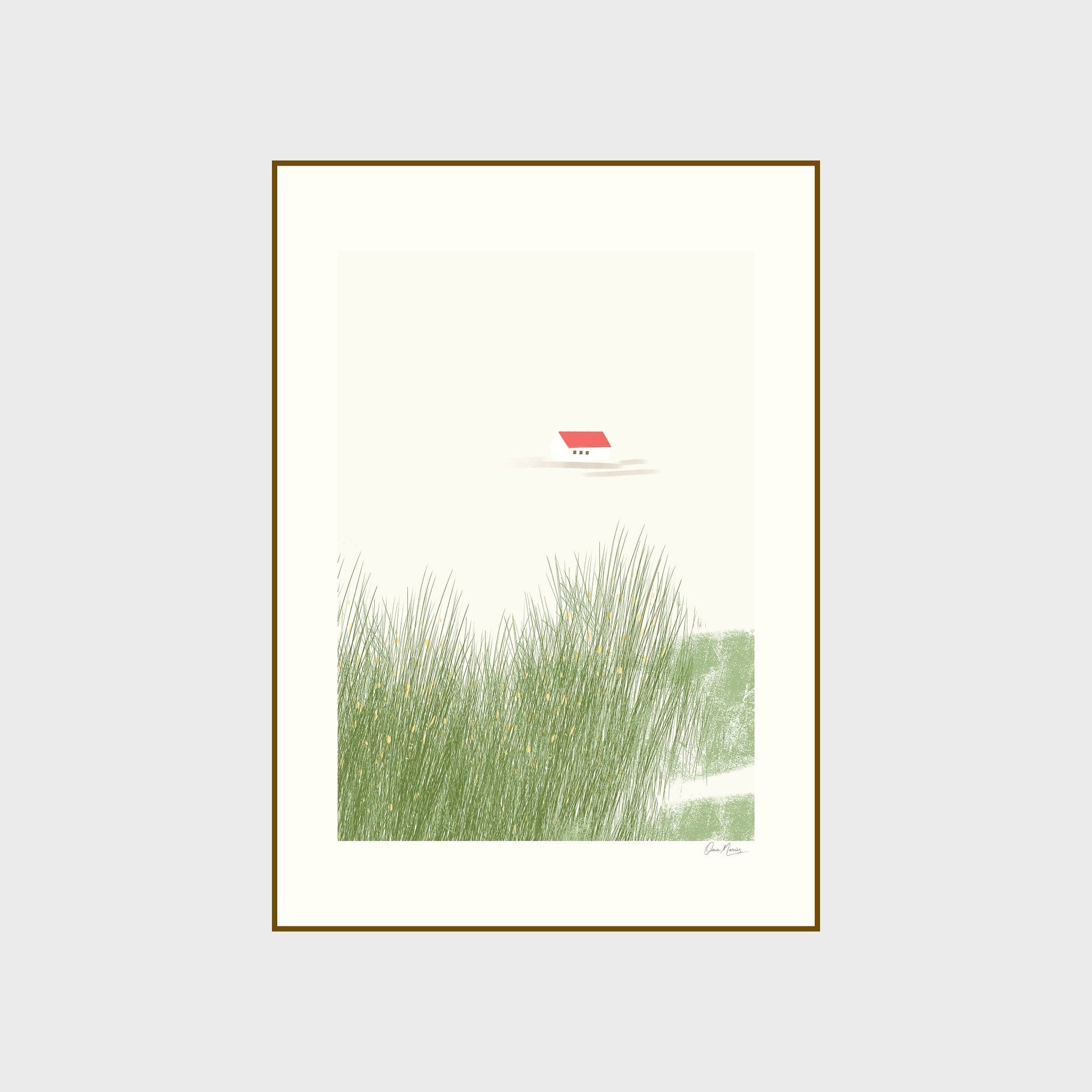 Still Home minimalist art print with tiny red house on misty horizon above tall green grass, OAM Studio