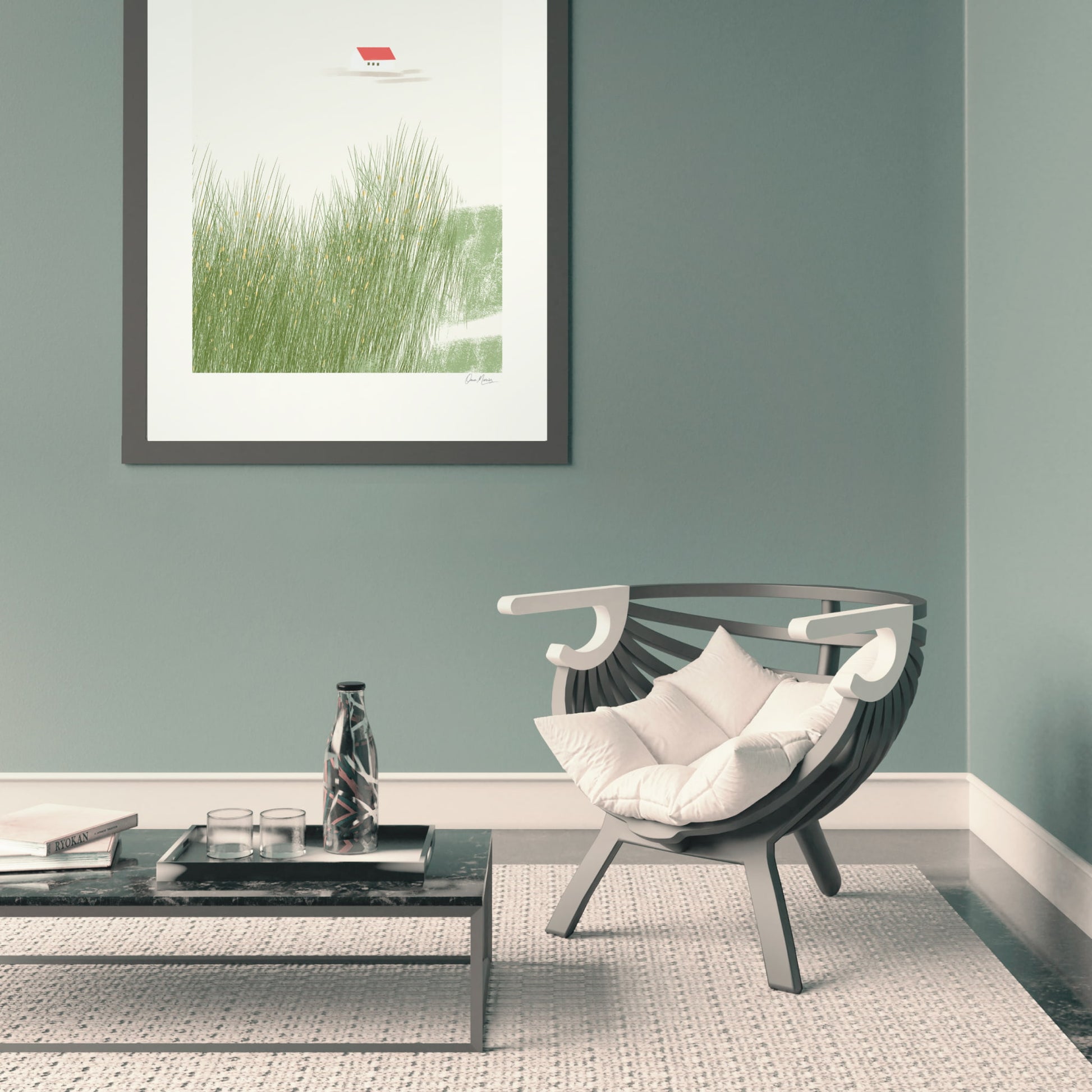 Still Home art print in a dark frame on a teal green wall above a modern chair, OAM Studio