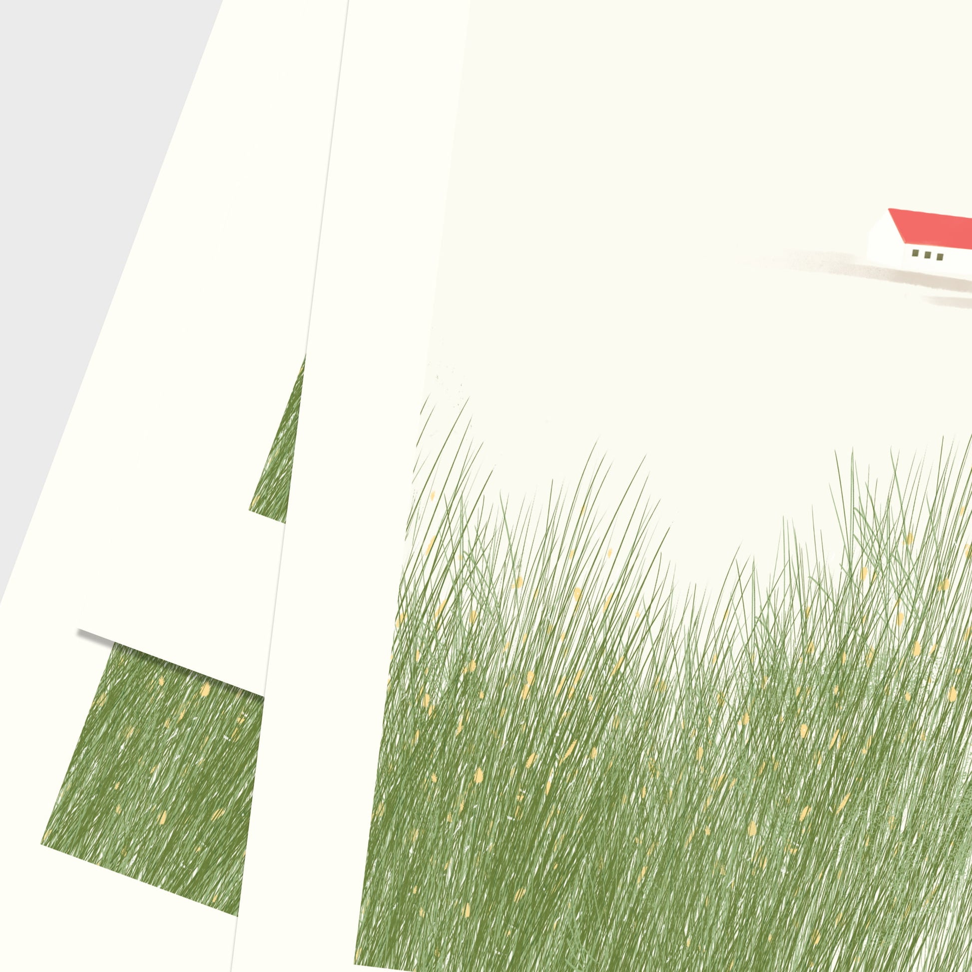 Close-up of Still Home art print showing fine grass detail and small red-roofed house on the horizon, OAM Studio