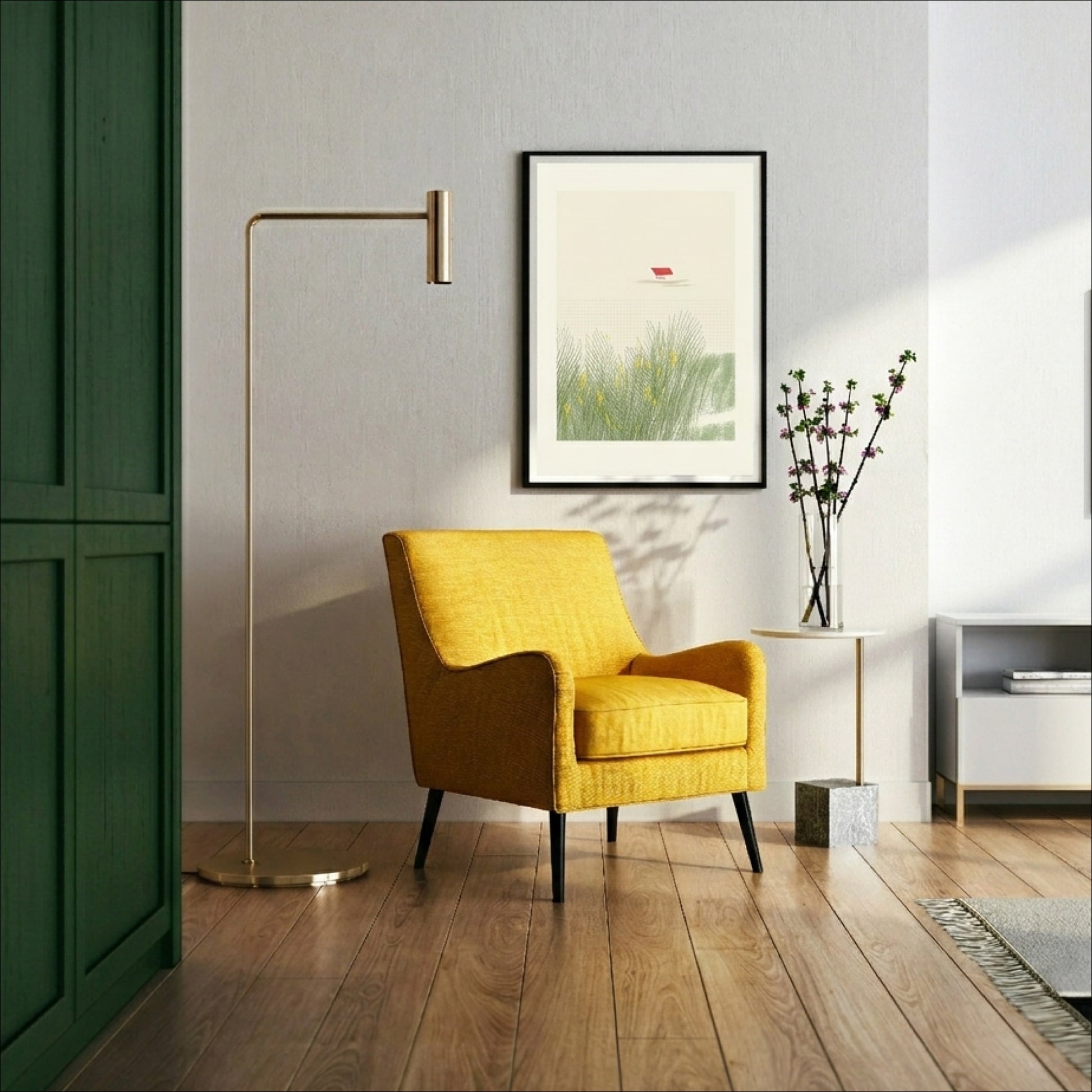 Still Home art print in a black frame above a yellow armchair in a modern living room, OAM Studio